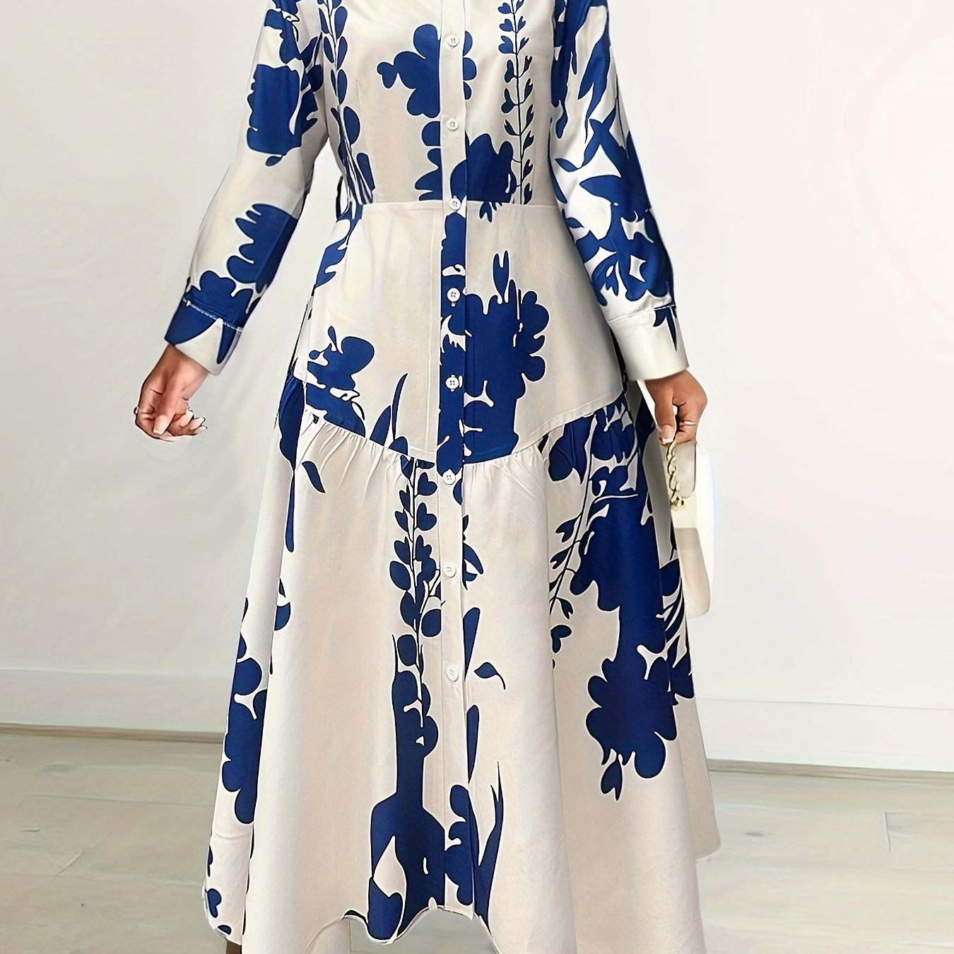 

Floral Print Button Front Dress, Elegant Long Sleeve Asymmetric Hem A-line Dress For Spring & Fall, Women's Clothing