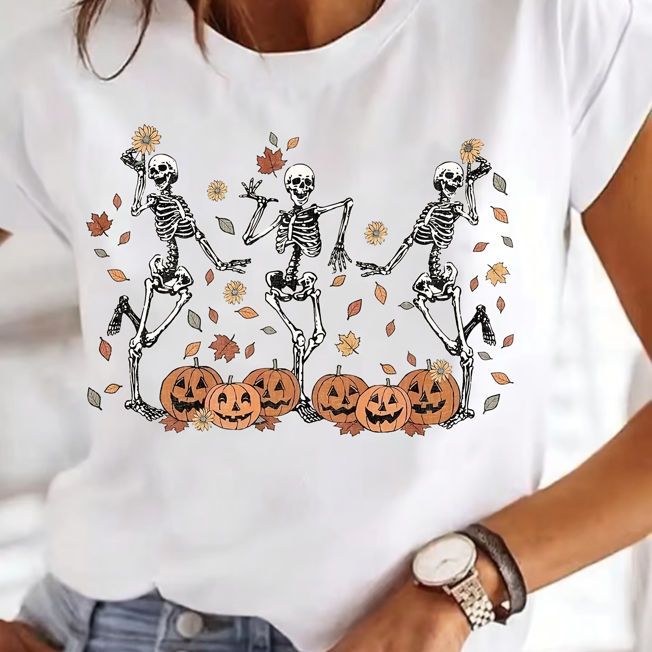 

Pumpkin Print T-shirt, Short Sleeve Crew Neck Casual Top For Summer & Spring, Women's Clothing