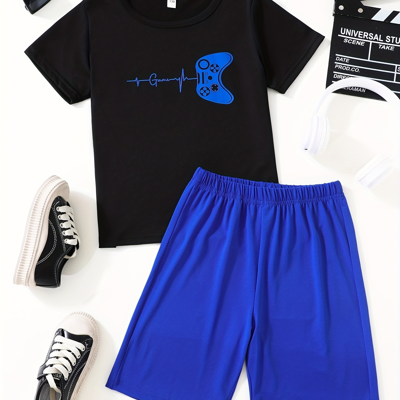 

Boy's 2pcs T-shirt & Elastic Waist Shorts Set, Gamepad Print Short Sleeve Tee Top, Color Clash Casual, Kids Clothes For Summer