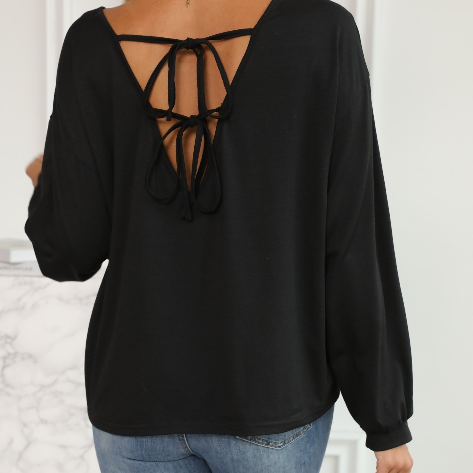 

Solid V Neck Tie Back Blouse, Batwing Sleeve Casual Blouse For Spring & Summer, Women's Clothing