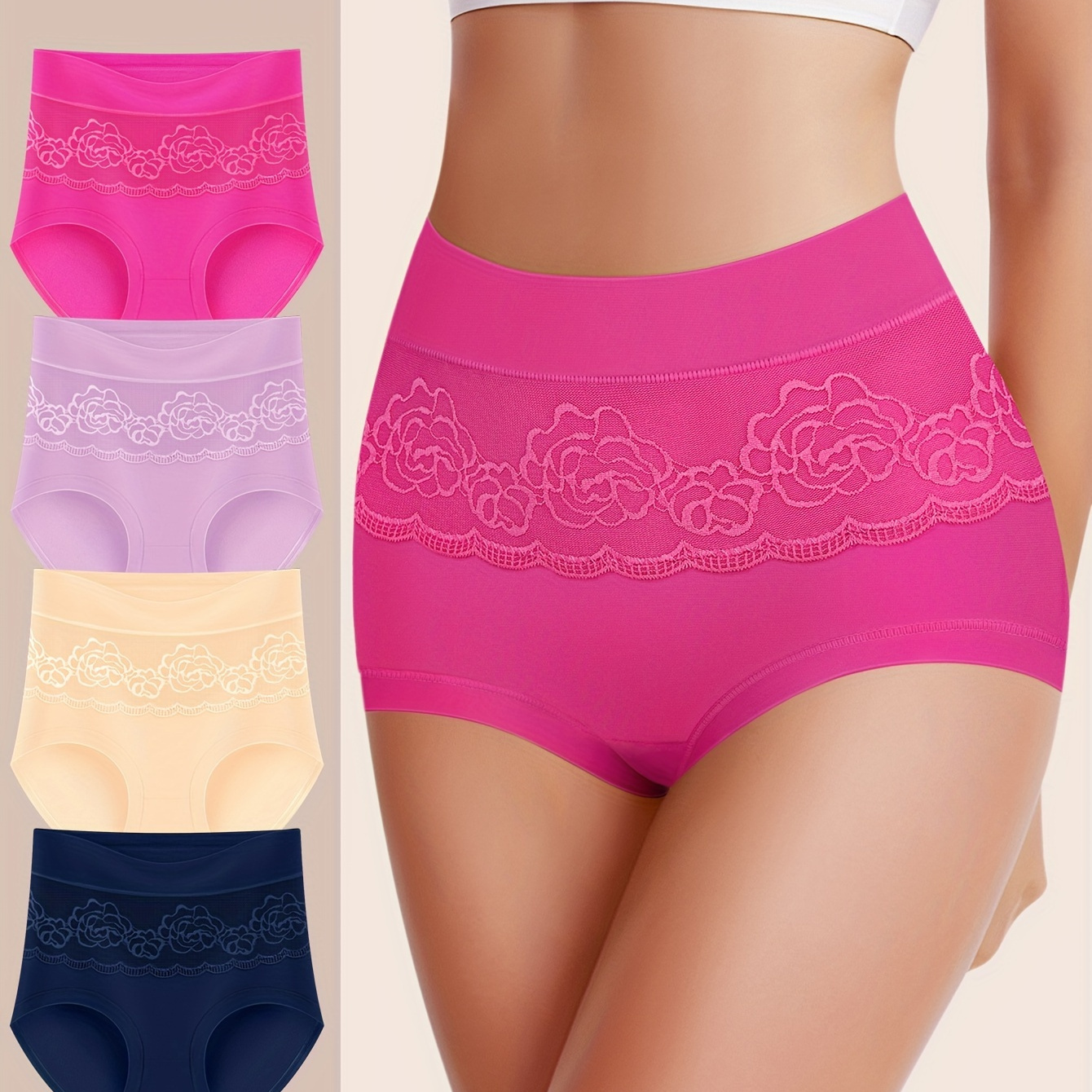 

4pcs Women's Plus Elegant Panties, Plus Size Rose Pattern High Waist Tummy Control Fitted Briefs