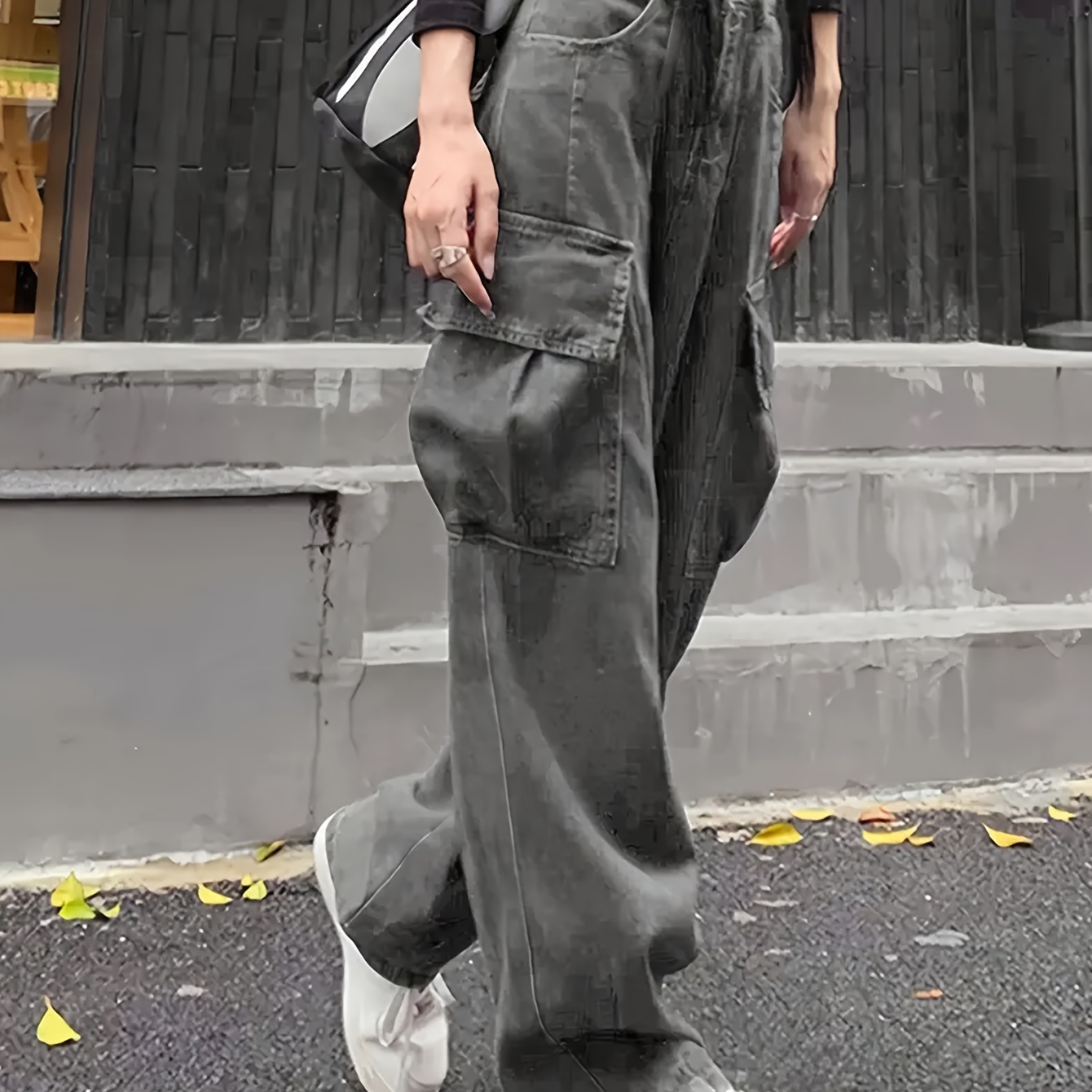 

Women's Vintage Street Style Cargo Jeans, Wide Leg, High-waist, Casual Denim Pants With Pockets, Workwear Fashion For Fall & Winter