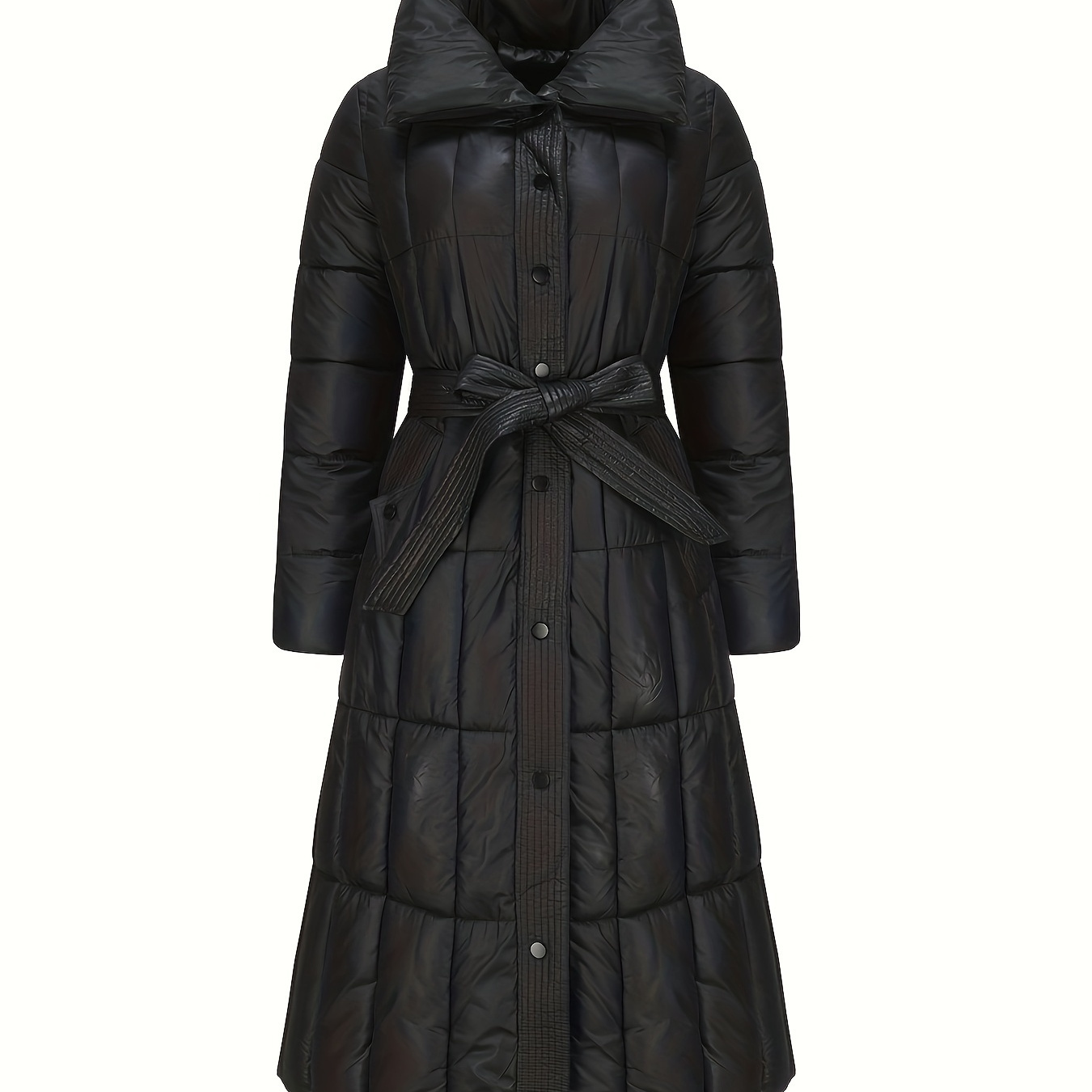 

Elegant Black Long Over-the-knee Puffer Coat For Women - Slimming Winter Jacket With Belt, Machine Washable