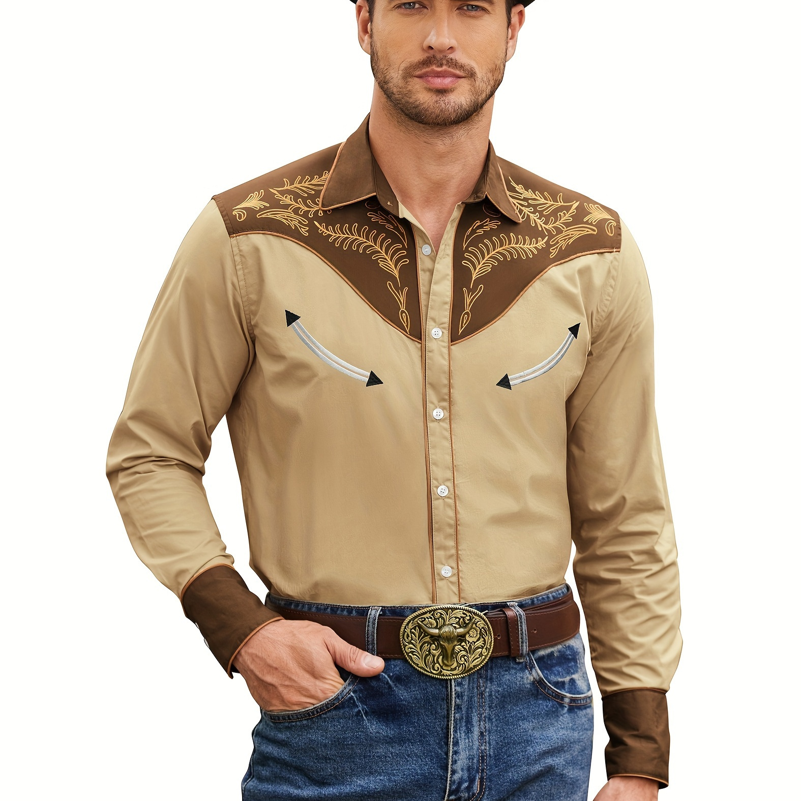 

Men' Western Cowboy Shirt - Long Sleeve Button- Cotton Shirt With Floral Pattern, , For Casual