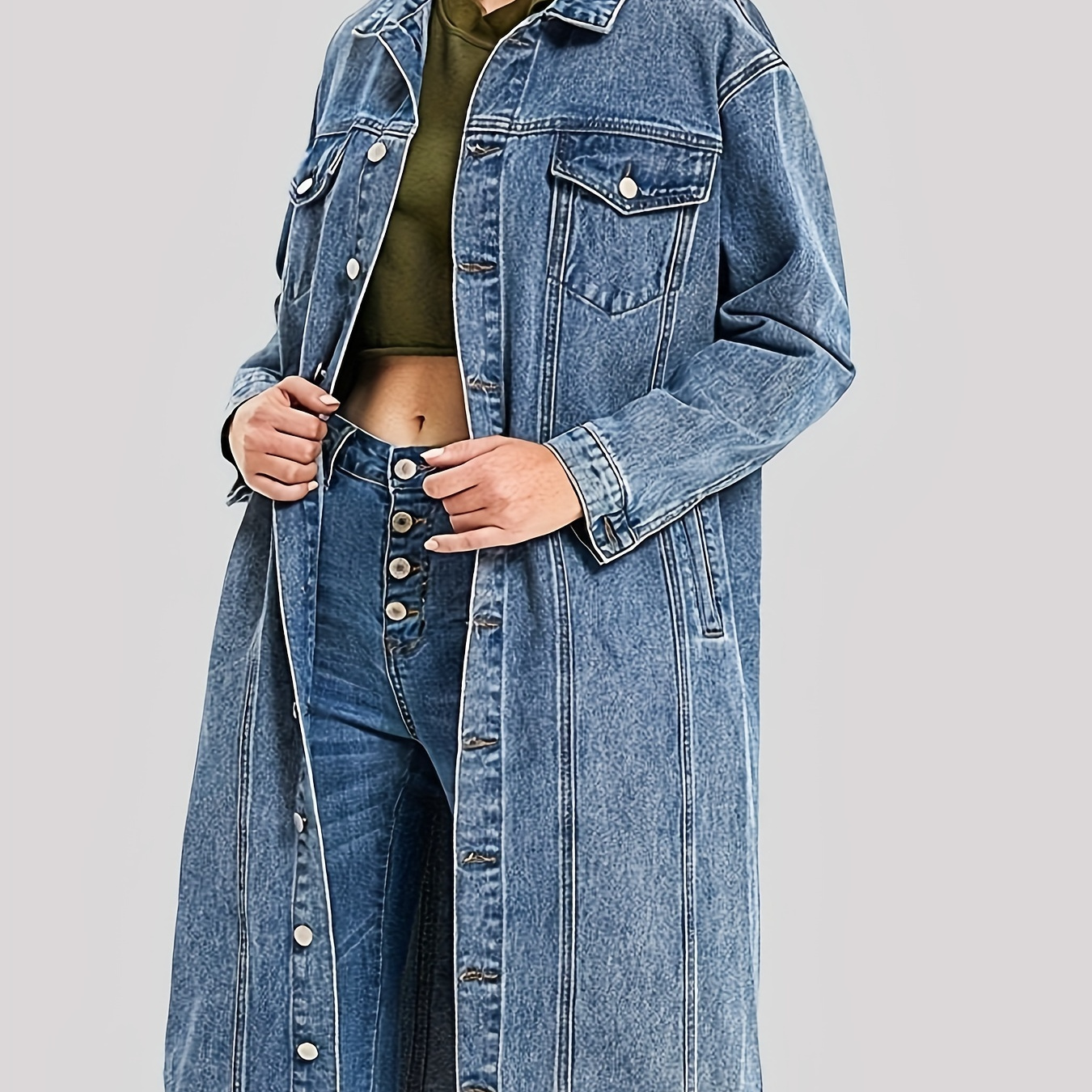 

Women's Chic Longline Denim Jacket - Button-down, Lapel Collar, Trench Coat With Pockets, Solid Color, Polyester, Non-stretch Fabric For Spring/fall