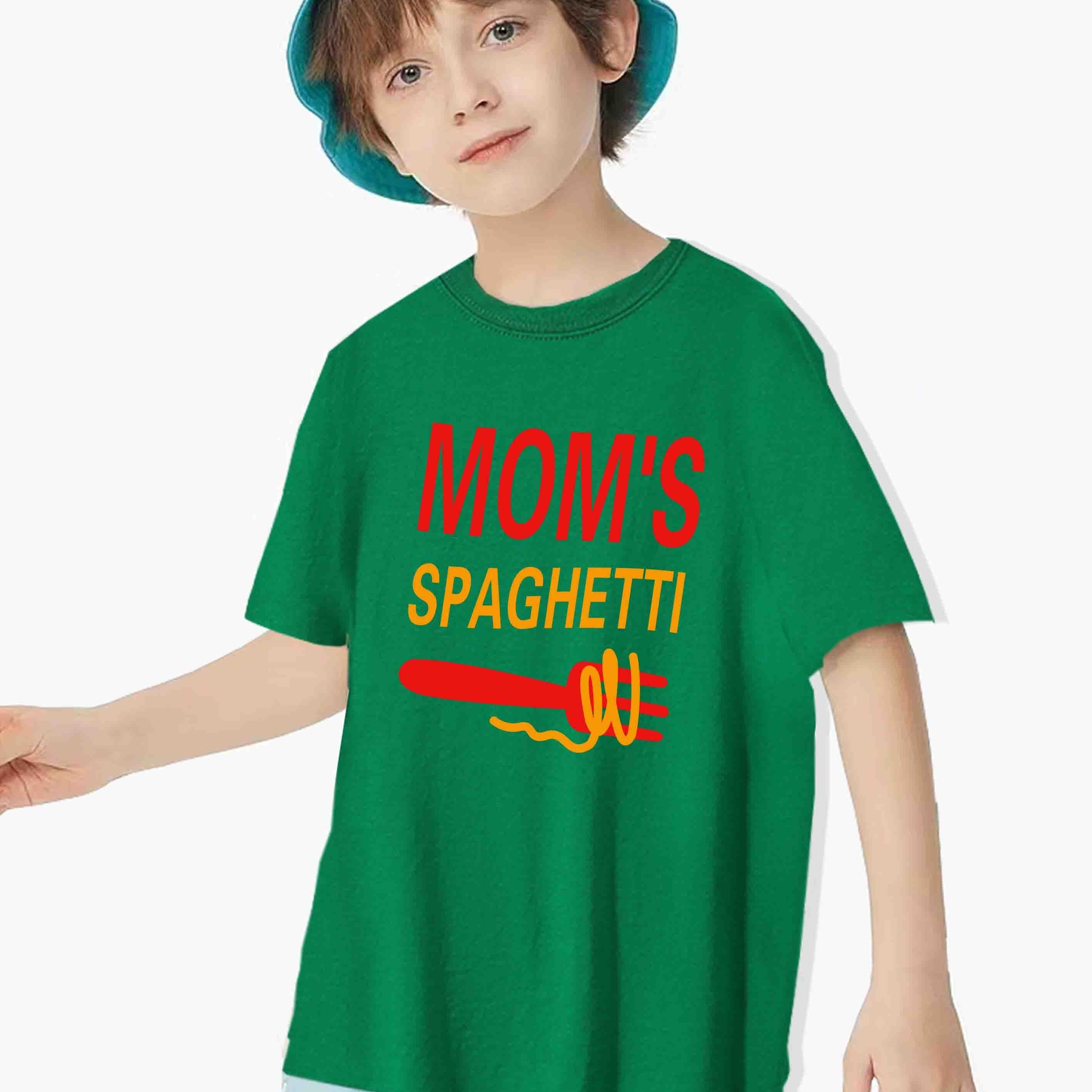 

Mom's Spaghetti Print, Boy's Fashion Comfy Cotton Blend T-shirt, Casual Stretchy Breathable Short Sleeve Top For Summer