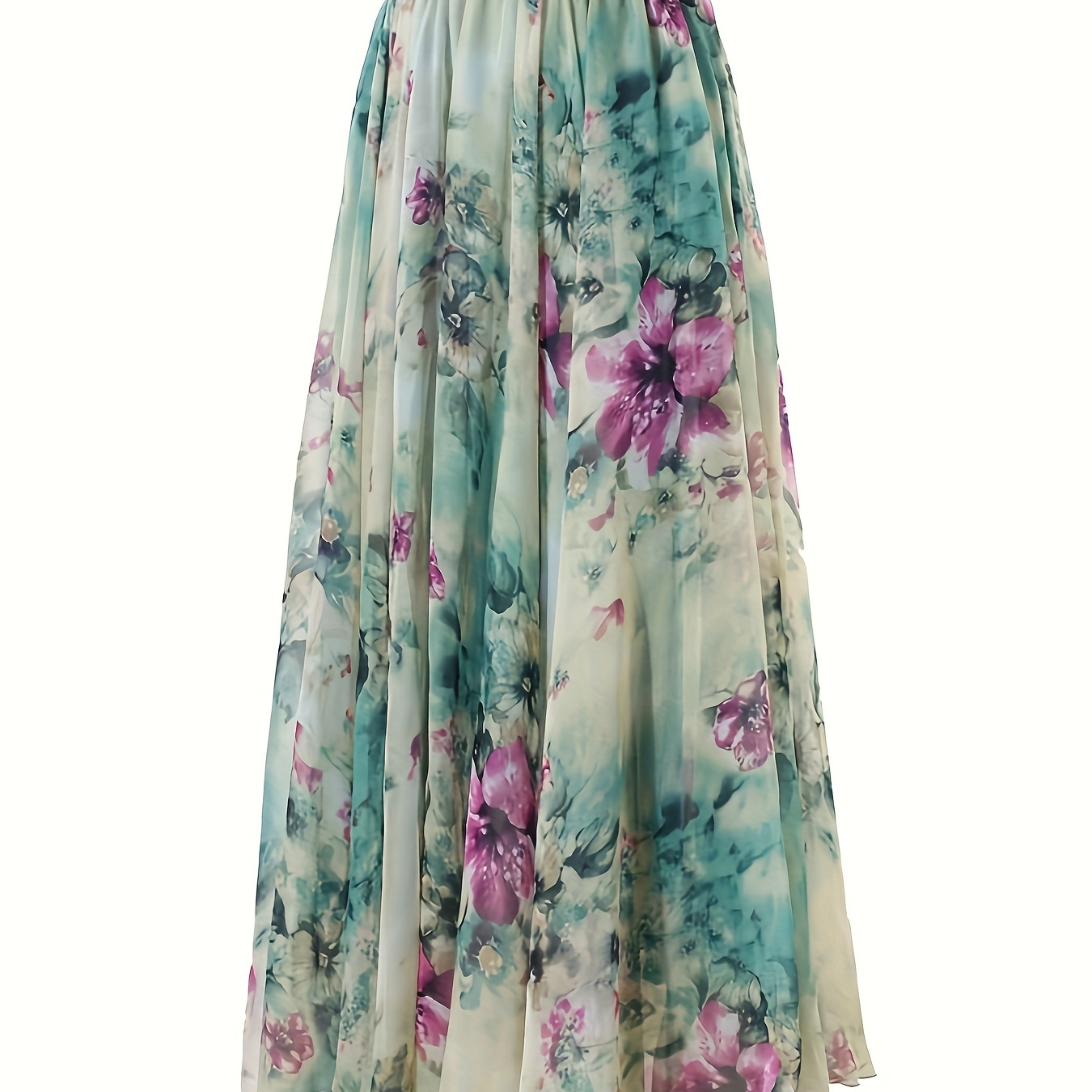 

Women Floral Print Pleated Vintage Chiffon Summer Beach Long Maxi Skirt