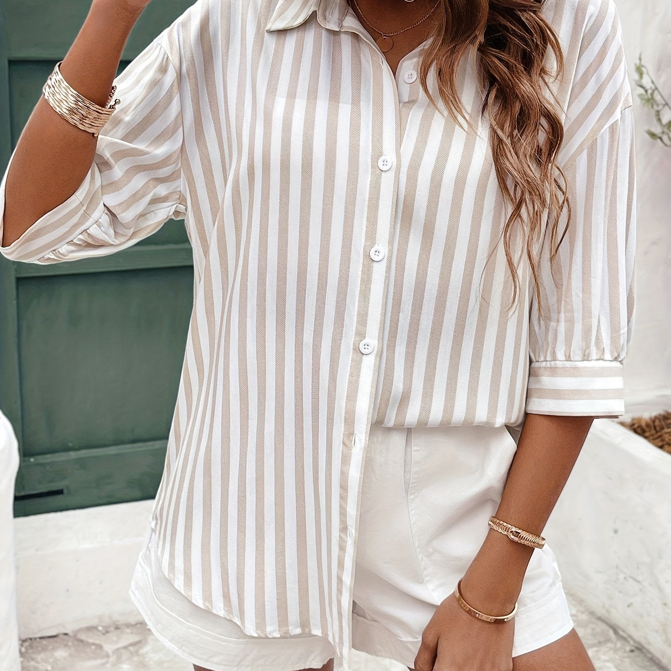 

Striped Print Button Front Blouse, Elegant Drop Shoulder Half Sleeve Blouse For Spring & Fall, Women's Clothing