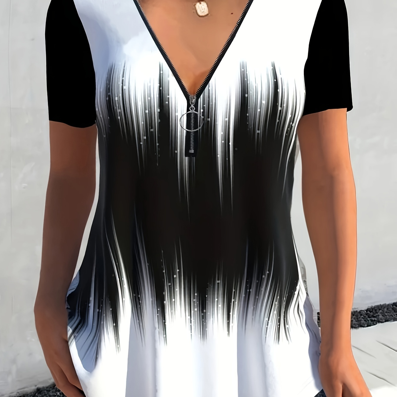

Color Block Zipper T-shirt, Casual Short Sleeve T-shirt, Women's Clothing