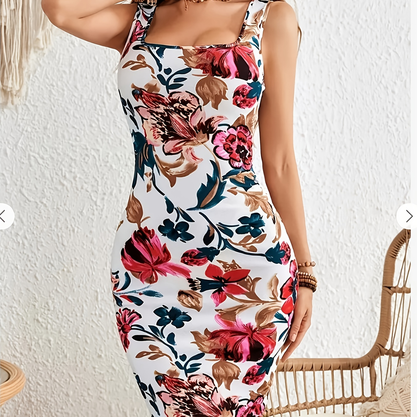 

Robe Midi Moulante Élégante à Fleurs - , Manches, Mélange de Polyester Extensible, Lavable en Machine - Parfaite pour /Été