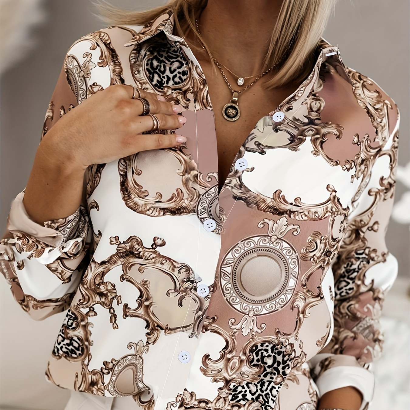 

Baroque Print Button Front Shirt, Casual Lapel Long Sleeve Shirt, Women's Clothing