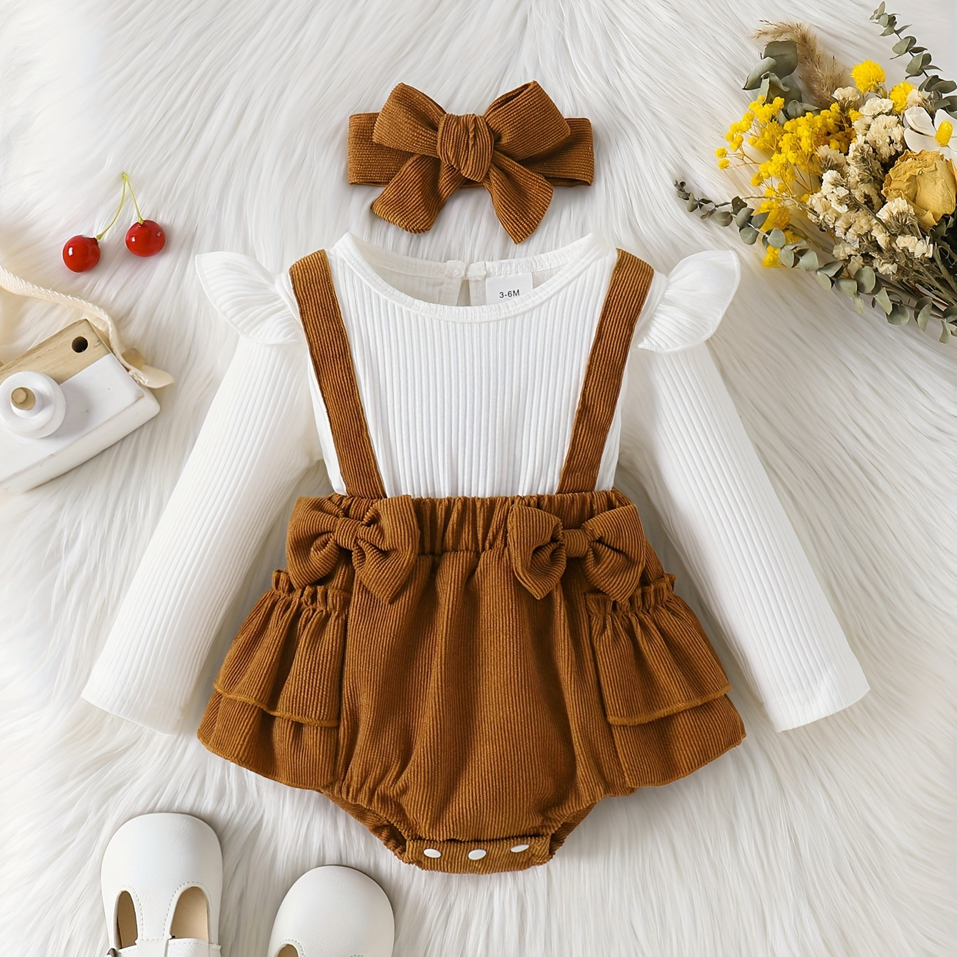 

P100889 Baby Girls Fake Two-piece Long-sleeved Triangle Bodysuit + Headband Set