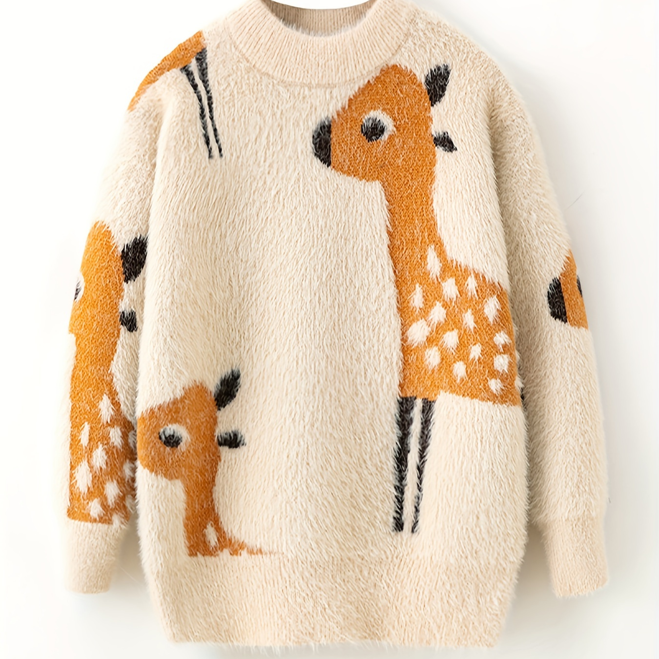 

Girl's Christmas Sweater With Deer Pattern Imitating Mink Fleece Long Sleeve Round Neck Pullover For Autumn And Winter