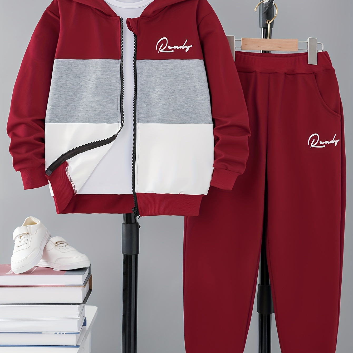 

Casual Long Sleeve Color Block Zipper Hoodie & Joggers Set, Letter Print, 2-piece Boys Co Ord Set For Spring Fall