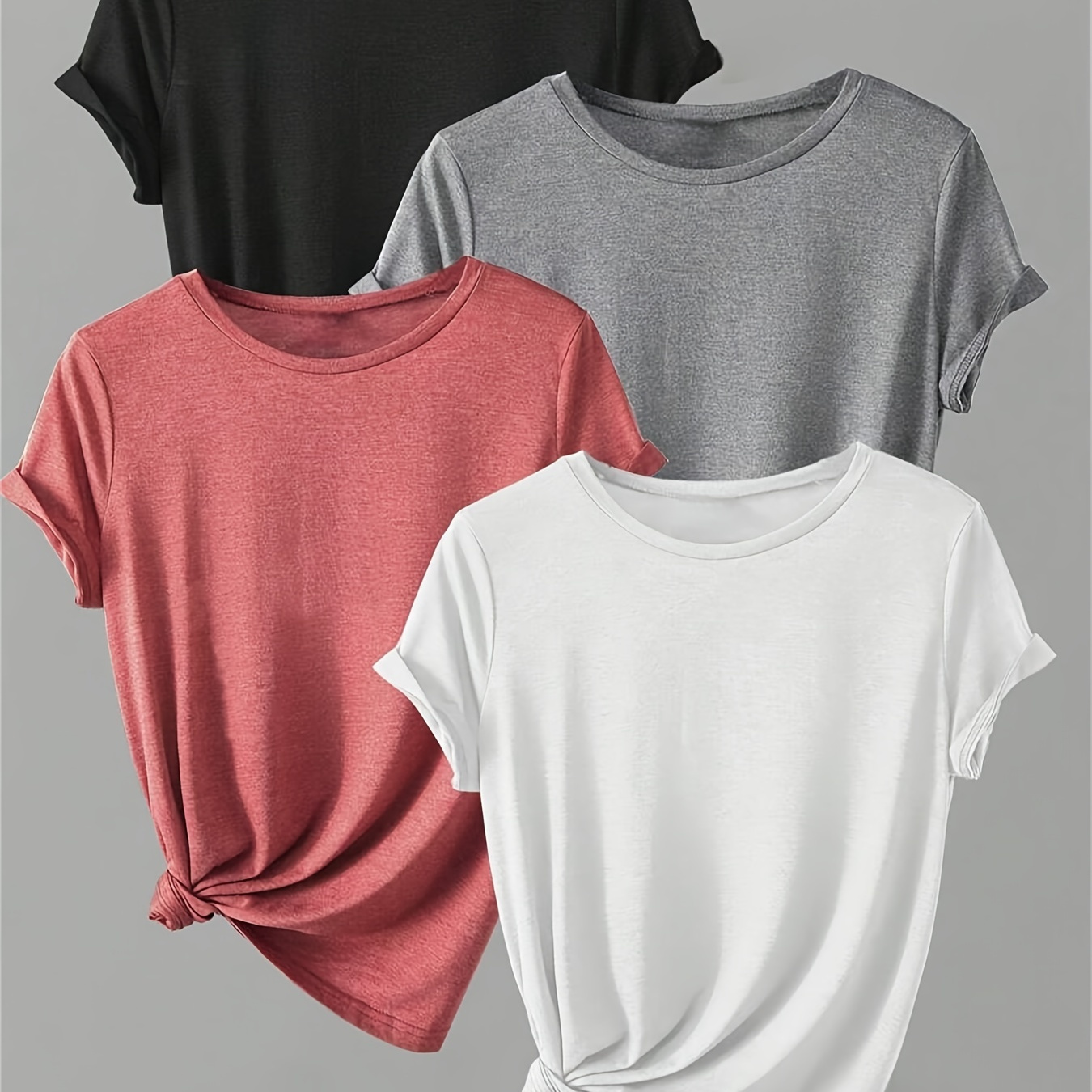 

4-pack Solid Color Crew Neck T-shirt, Casual Short Sleeve Top Spring & Summer, Women's Clothing