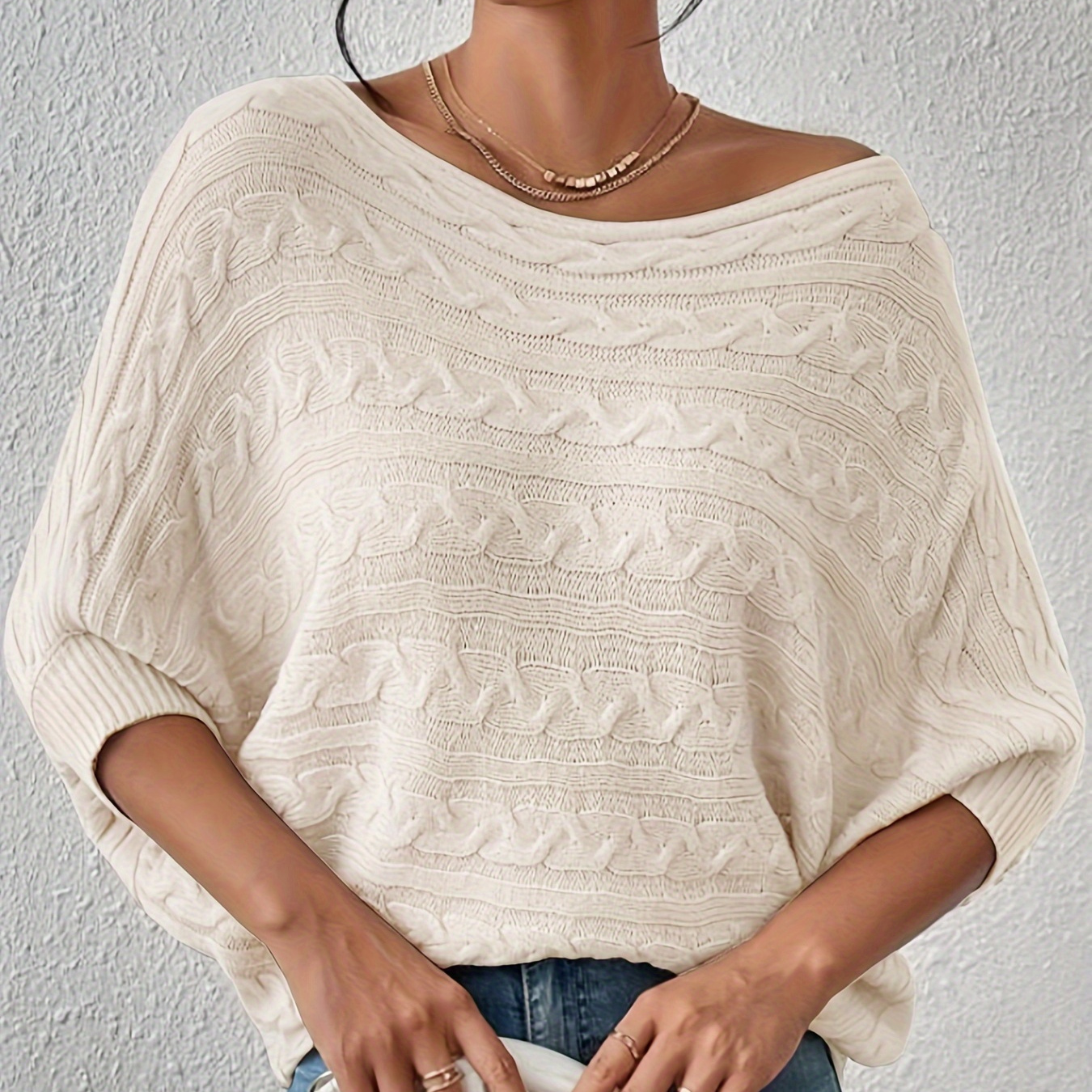 

Solid Cable Knit Batwing Sleeve Top, Elegant Sweater Top For Spring & Fall, Women's Clothing