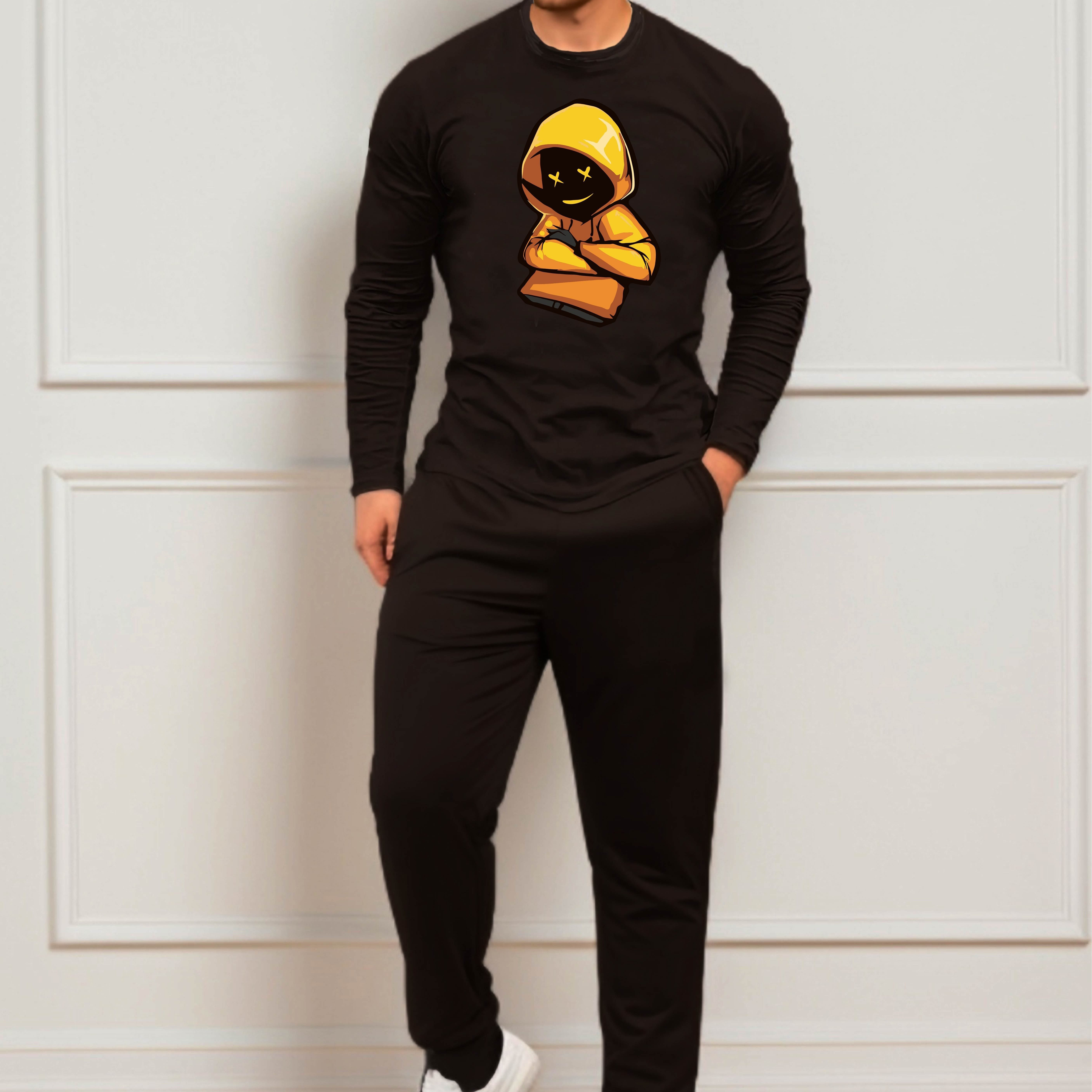 

Men's Pajama Set, Cool Man Pattern Casual Crew Neck Long Sleeve T-shirt & Solid Joggers 2-piece Set For Home Wear