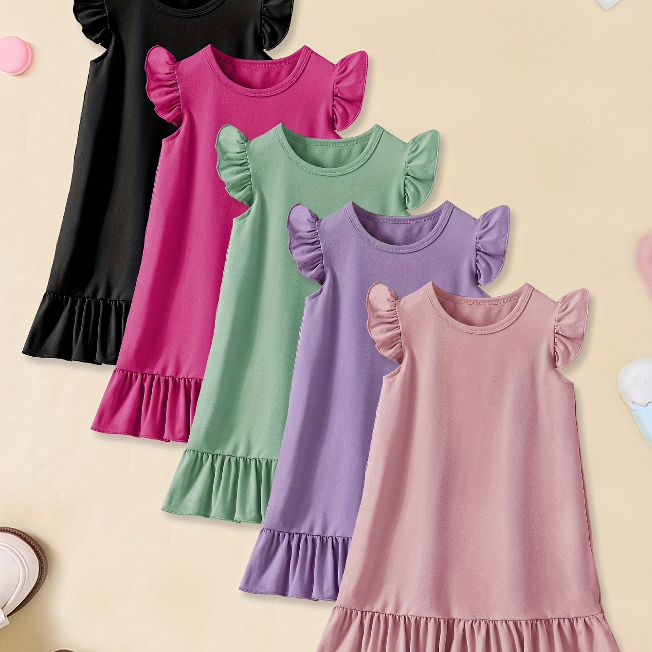 

5pcs Girls Plain Color Ruffle Sleeve Dresses Set Everyday Casual Dresses Summer Gift