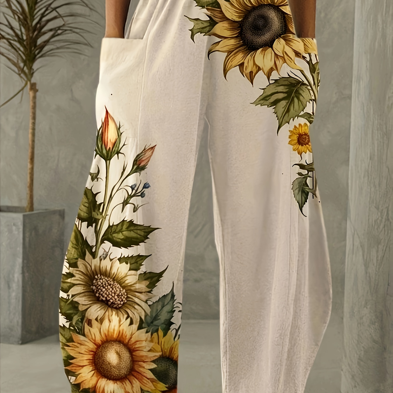 

Sunflower Print Patched Pocket Pants, Casual Elastic Waist Wide Leg Pants For Spring & Fall, Women's Clothing