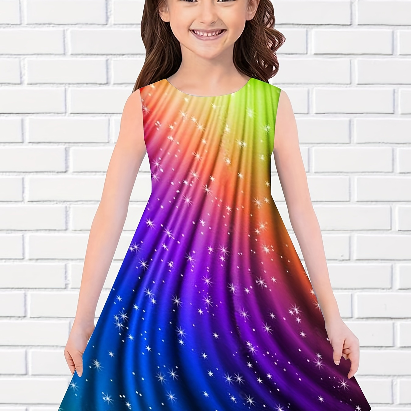 Cute Princess Dress for Girls - Rainbow Seven Color 3D Print, Sleeveless and Casual Summer Clothing