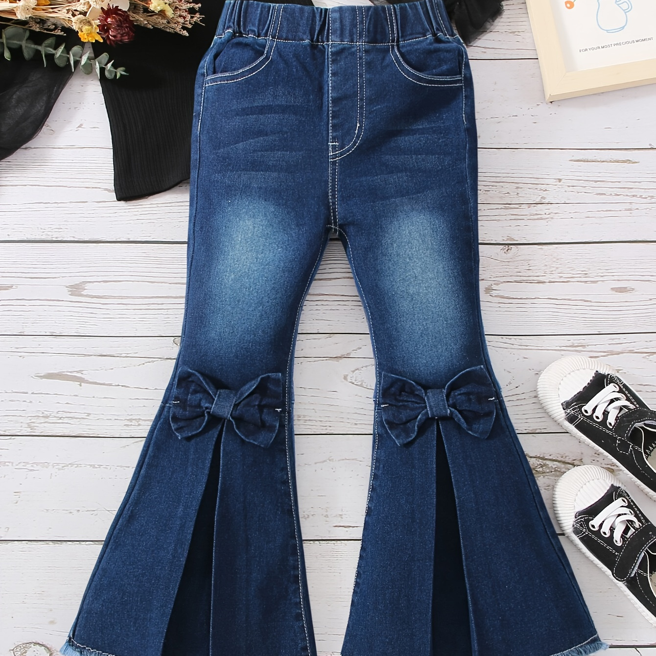 

Girls Stylish & Elegant Bowknot Decor Split Front Flared Jeans For Spring & Fall