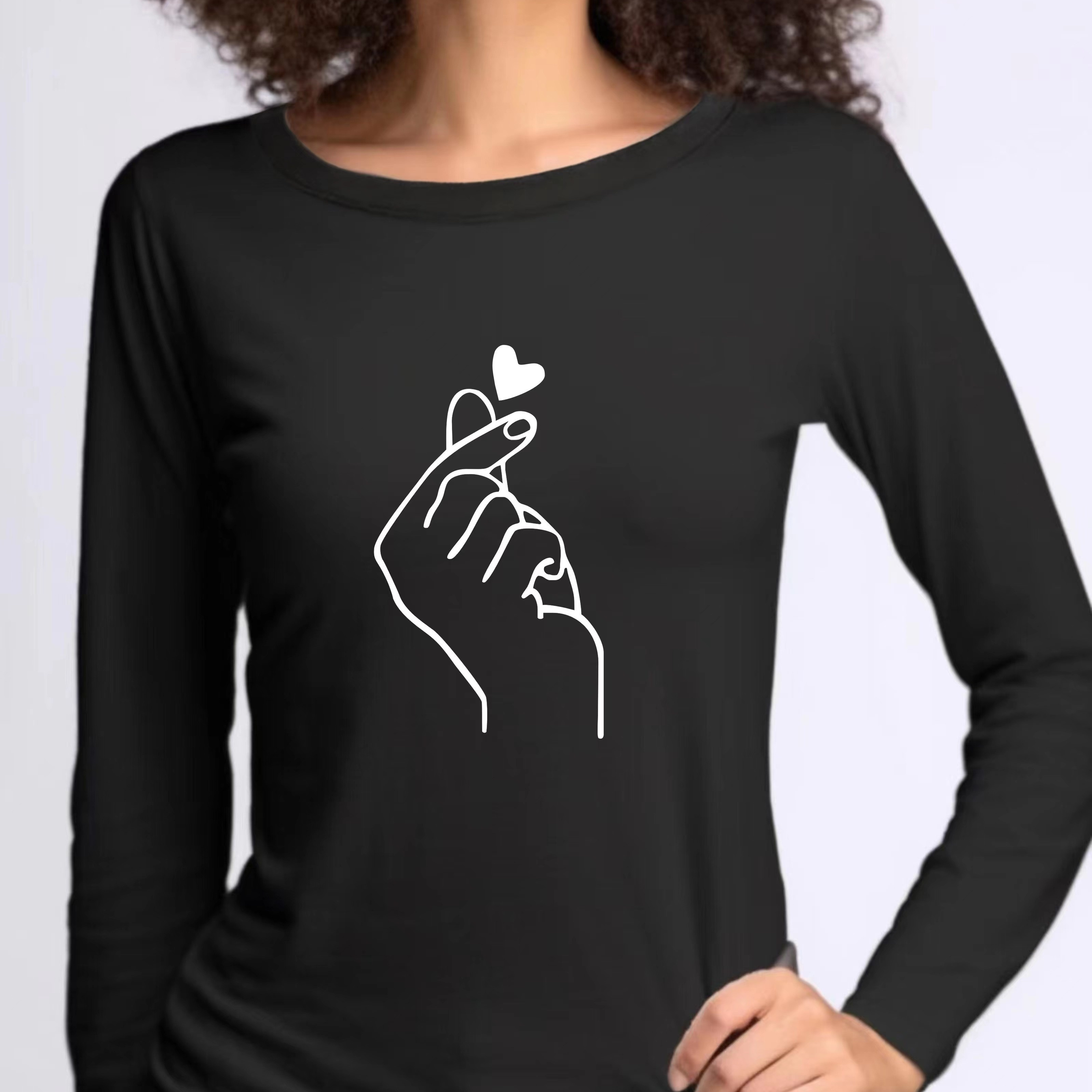 

Heart Print Crew Neck T-hsirt, Casual Long Sleeve Top For Spring & Fall, Women's Clothing