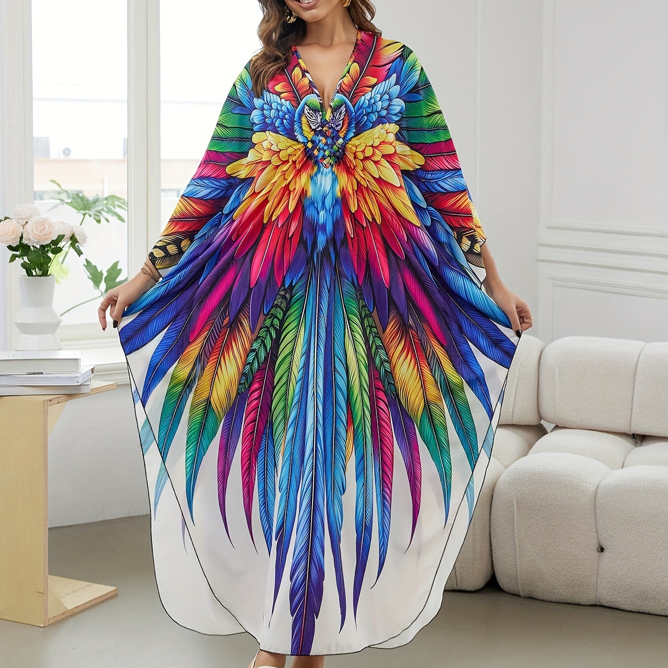 

Women's Cover Up, Plus Size Feather Print Trim V Neck Side Split Loose Fit Beach Kaftan Dress