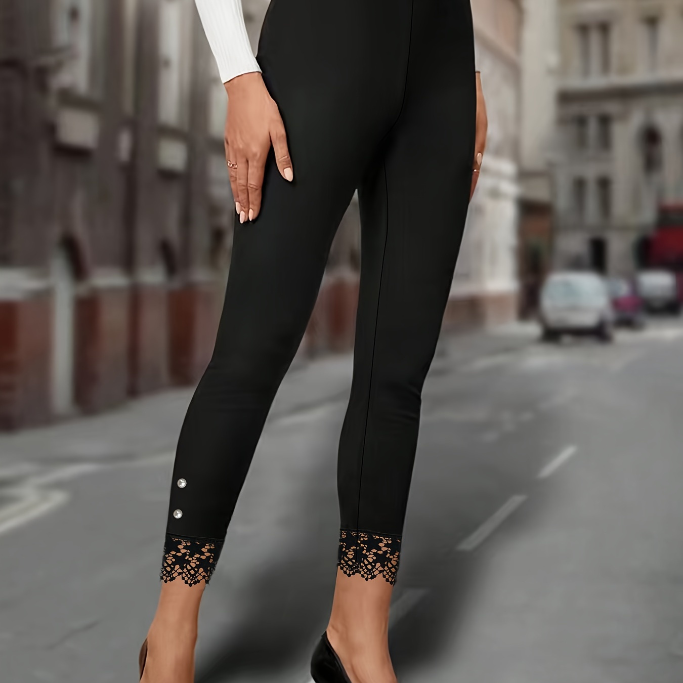 

Contrast Lace Skinny Leggings, Elegant Every Day Stretchy Leggings, Women's Clothing