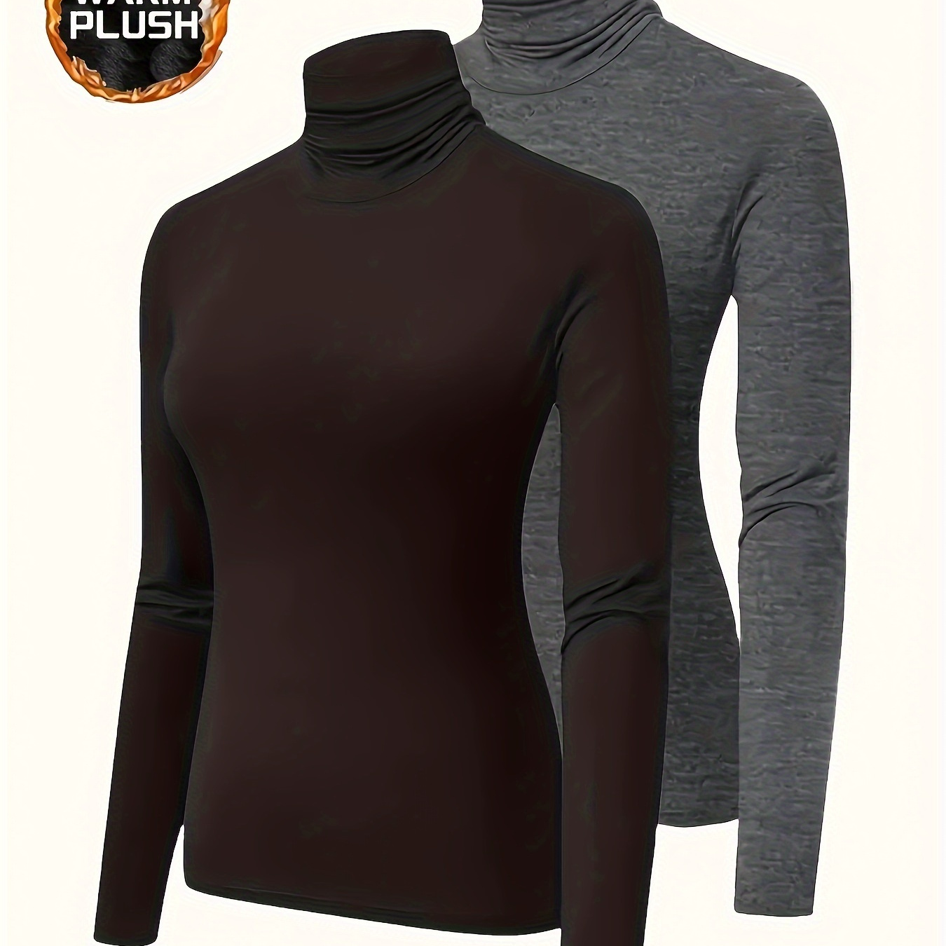 

2 Pack Plus Size Basic T-shirt Set, Women's Plus Solid Long Sleeve Turtleneck Fleece Top 2pcs Set