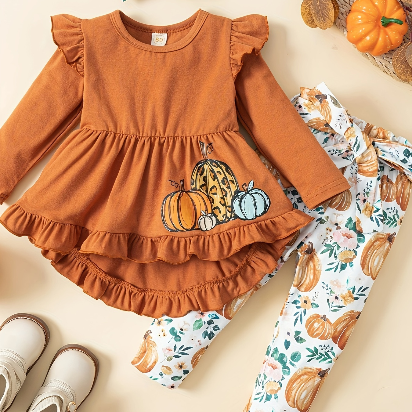 

Toddler Baby Girl Halloween Outfits Long Sleeve Peplum Top & Pumpkin Full Print Pants Baby Girl Thanksgiving Fall Clothes