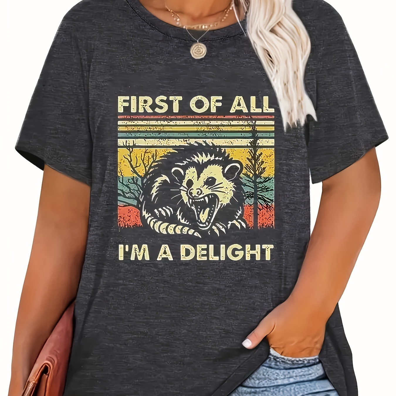 

Plus Size Women's T-shirt With Fun Animal Print - Crew Neck, Short Sleeve, Stretchy Polyester Blend, Machine Washable - Perfect For Spring & Summer