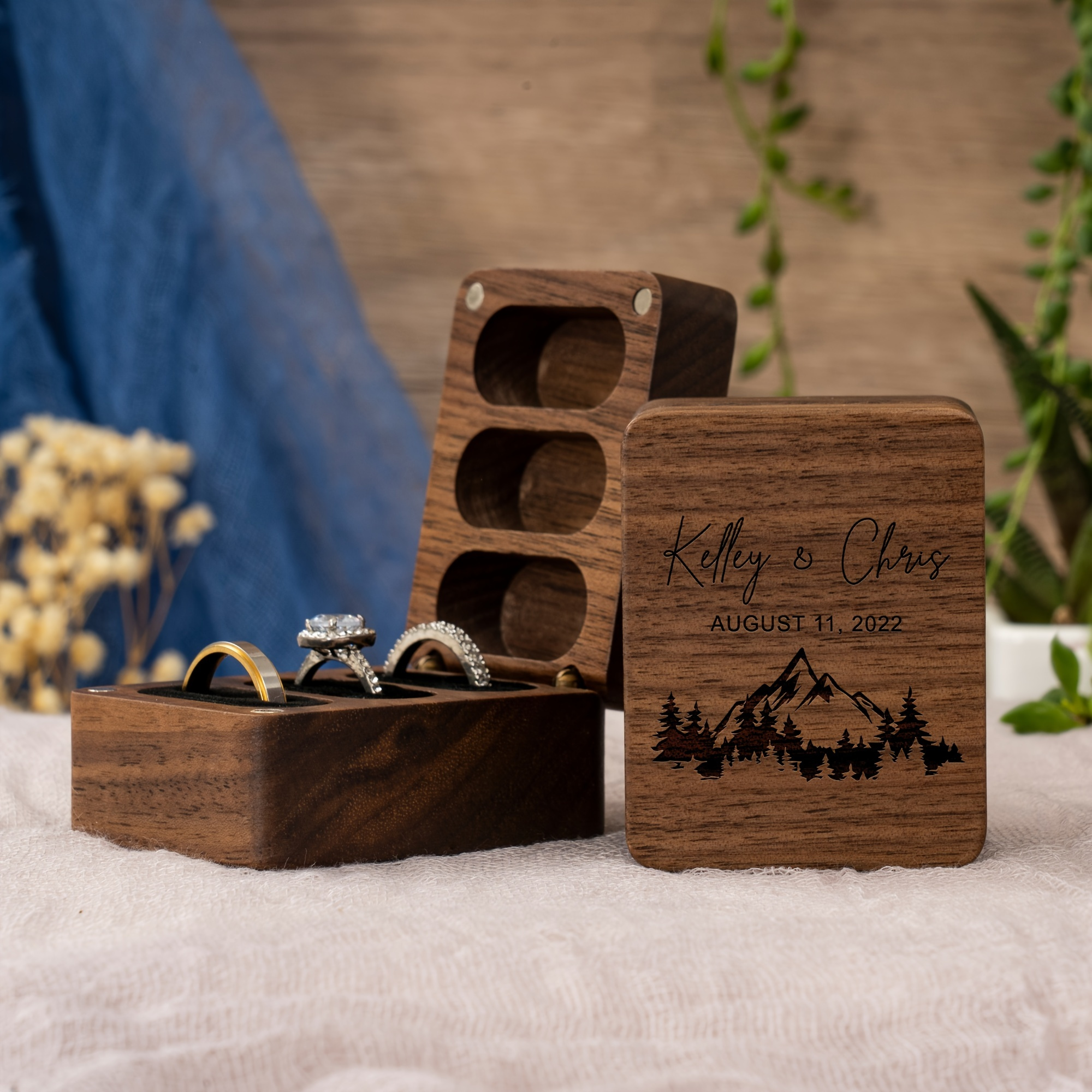 

Custom Engraved Ring Box For Wedding Ceremony, Triple Wooden Ring Box, Wedding Engagement Ring Box, 3 Ring Bearer Ring Box, Proposal Ring Box Holder