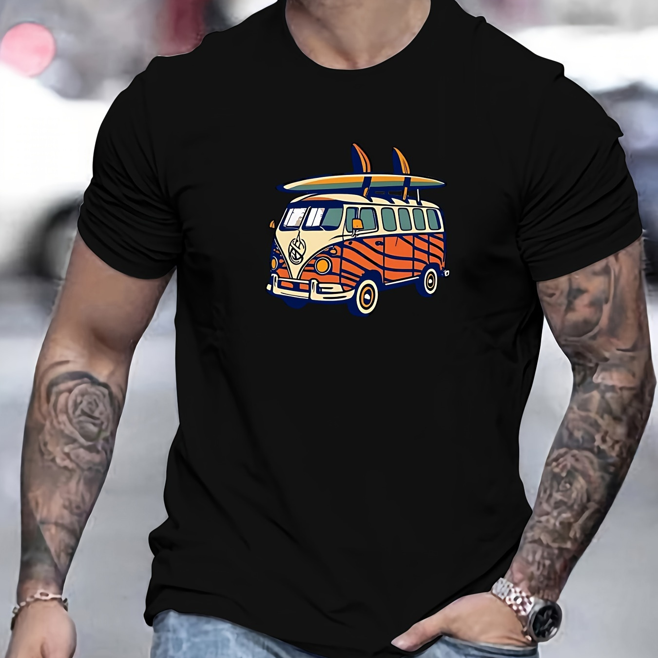 

Cartoon School Bus Print, Men's Crew Neck Short Sleeve T-shirt, Casual Comfy Tops For Men, Men's Trendy Clothes Outdoor, Men's Tops For Summer