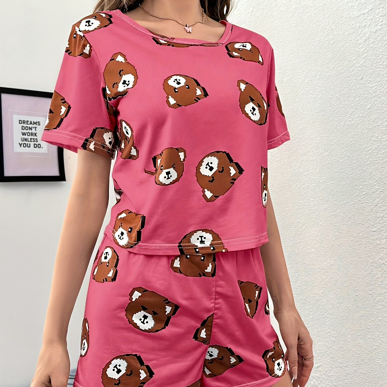 

Women's Cartoon Bear Print Casual Pajama Set, Short Sleeve Round Neck Top & Shorts, Comfortable Relaxed Fit