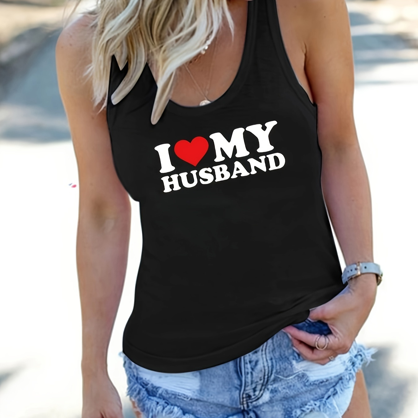 

L Love My Husband Print Crew Neck Tank Top, Casual Sleeveless Top For Spring & Summer, Women's Clothing