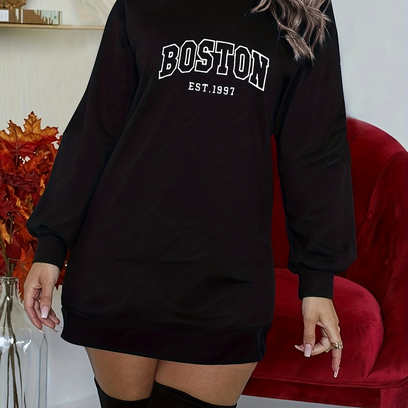 

Letter & Number Print Dress, Vintage Long Sleeve Crew Neck Sweatshirt Dress, Women's Clothing