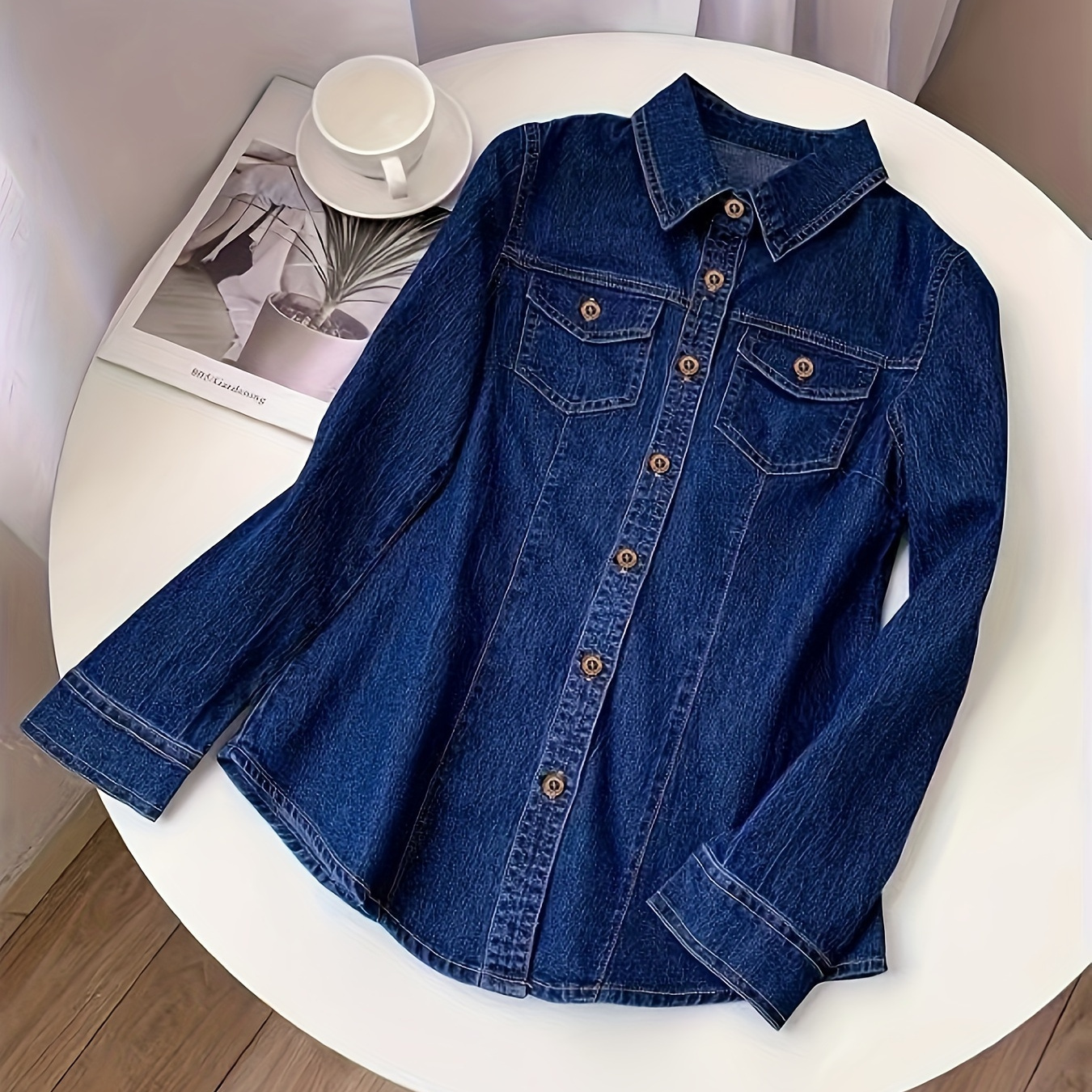 

Flap Pocket Button Fly Lapel Denim Top, Long Sleeve Plain Washed Blue Casual Denim Shirts, Women's Denim Jeans & Clothing