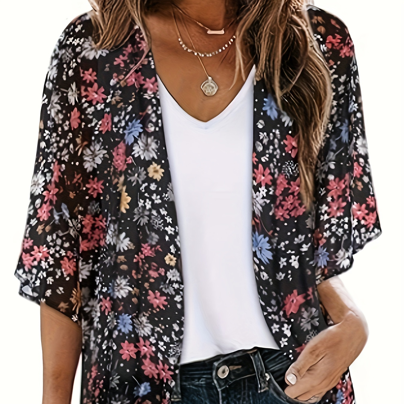 

Women's Floral Print Kimono Cardigan, Casual Loose Fit Bubble Sleeve Cover-up, Light Summer Front Top, Breezy Boho Style