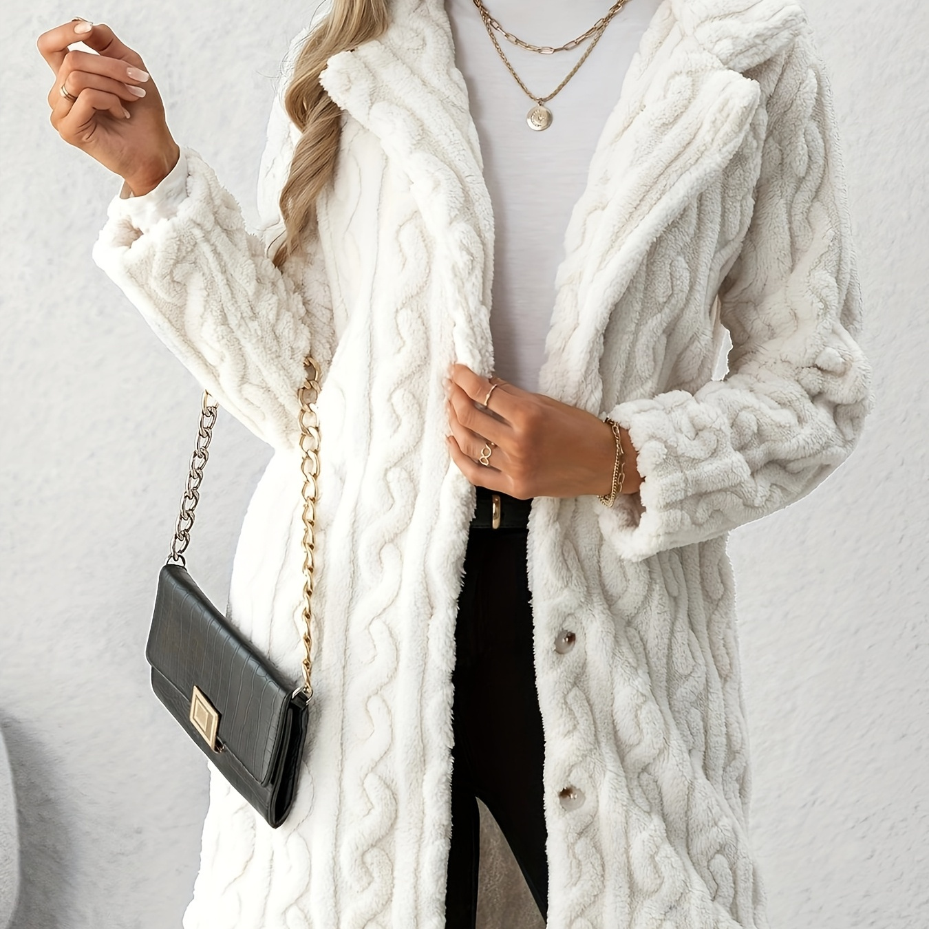 

Women's Dual-sided Plush Mid-length Cardigan Coat - Soft White Polyester Knit With Button Front, Long Sleeves, And Side Pockets For Fall/winter Casual Wear, Cozy Outdoor Attire | Style | Cardigan