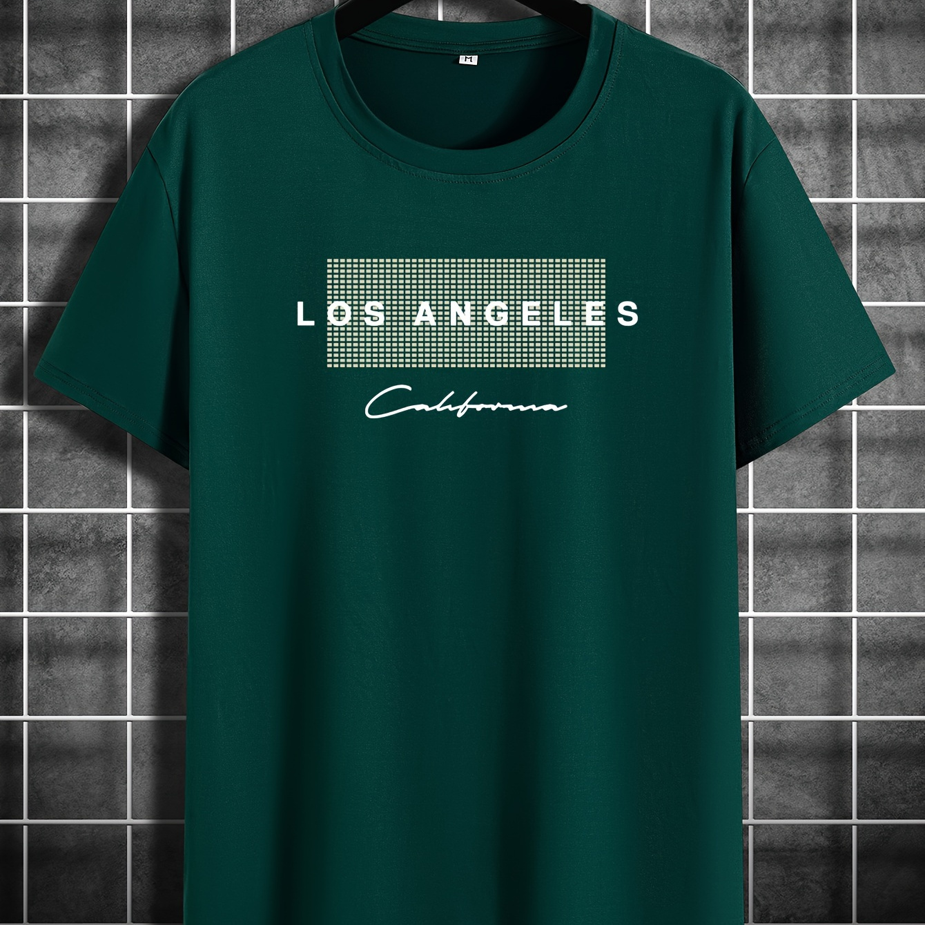 

Men's Geometric Graphic Pattern And Alphabet Print "los Angeles California" Crew Neck And Short Sleeve T-shirt For Summer Leisurewear, Chic And Casual Tops For Men