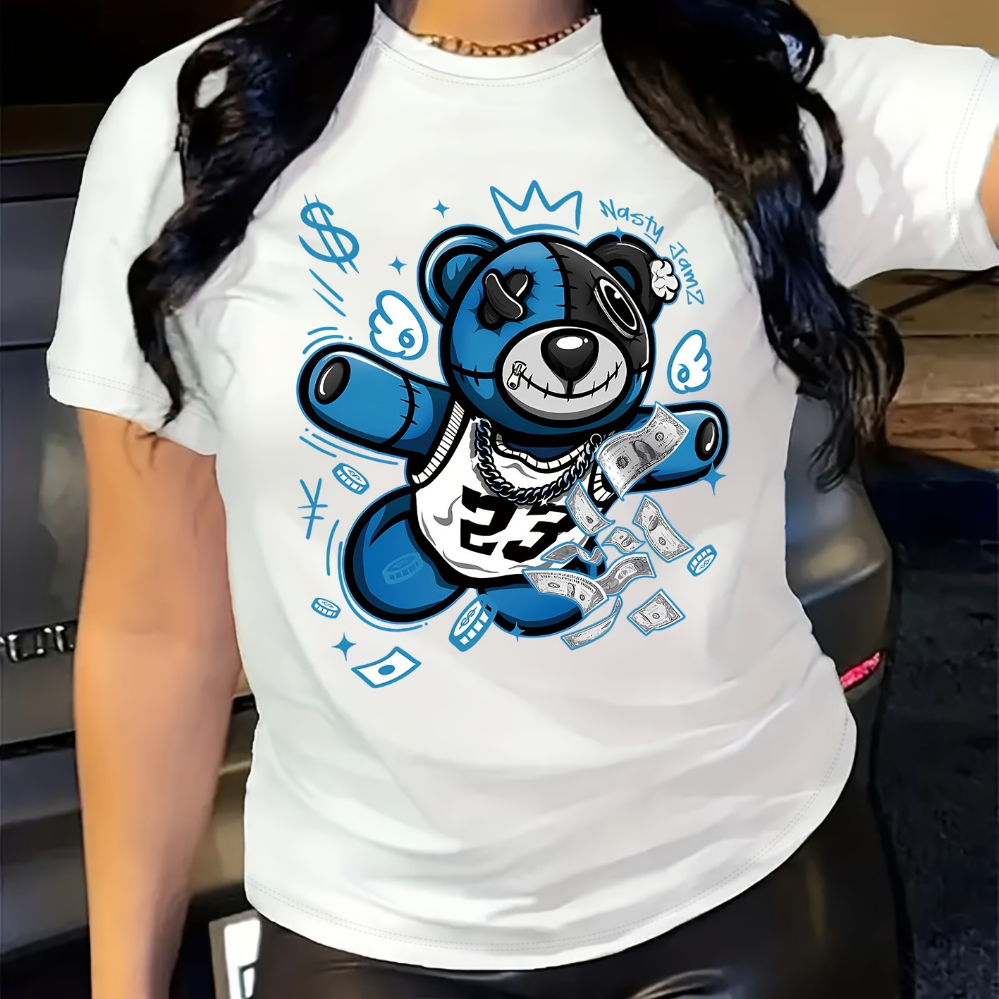 

Cartoon Bear Money Print T-shirt, Casual Short Sleeve Crew Neck Top For Spring & Summer, Women's Clothing