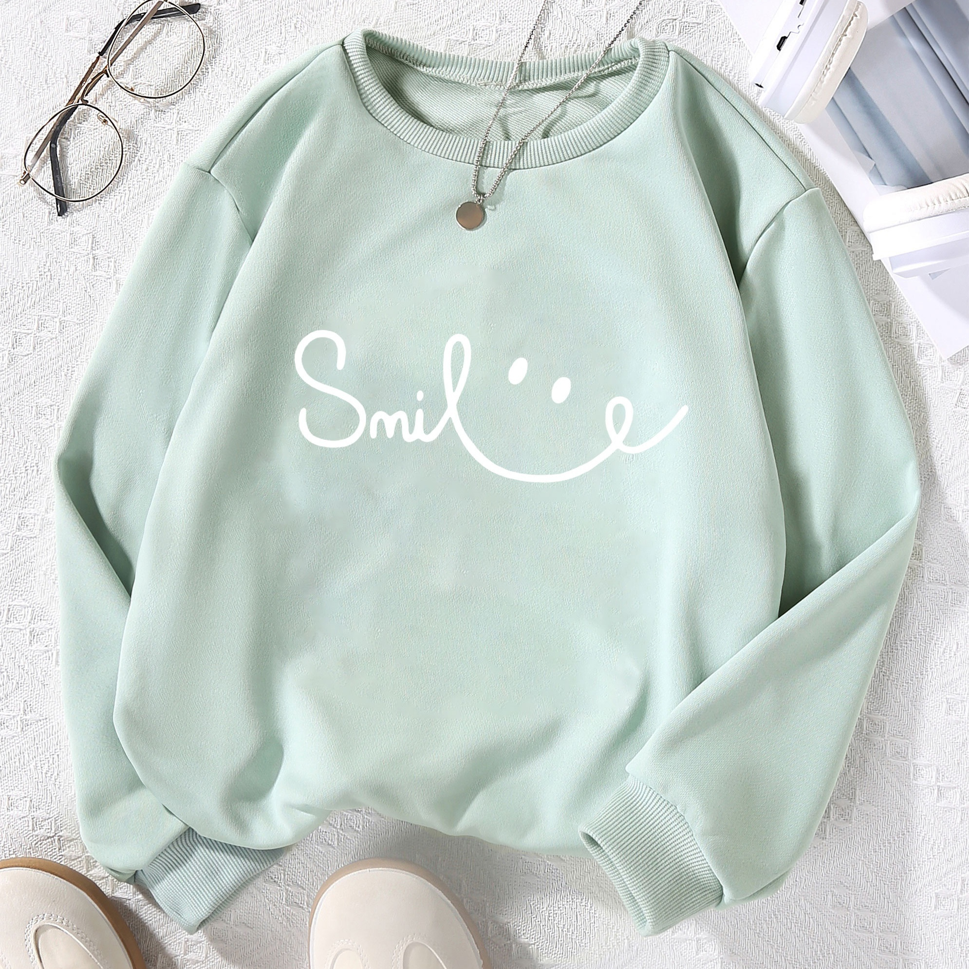 

Girls Trendy Pullover Sweatshirt, Cartoon Smile Print, Everyday Long Sleeve Casual Sports Tops