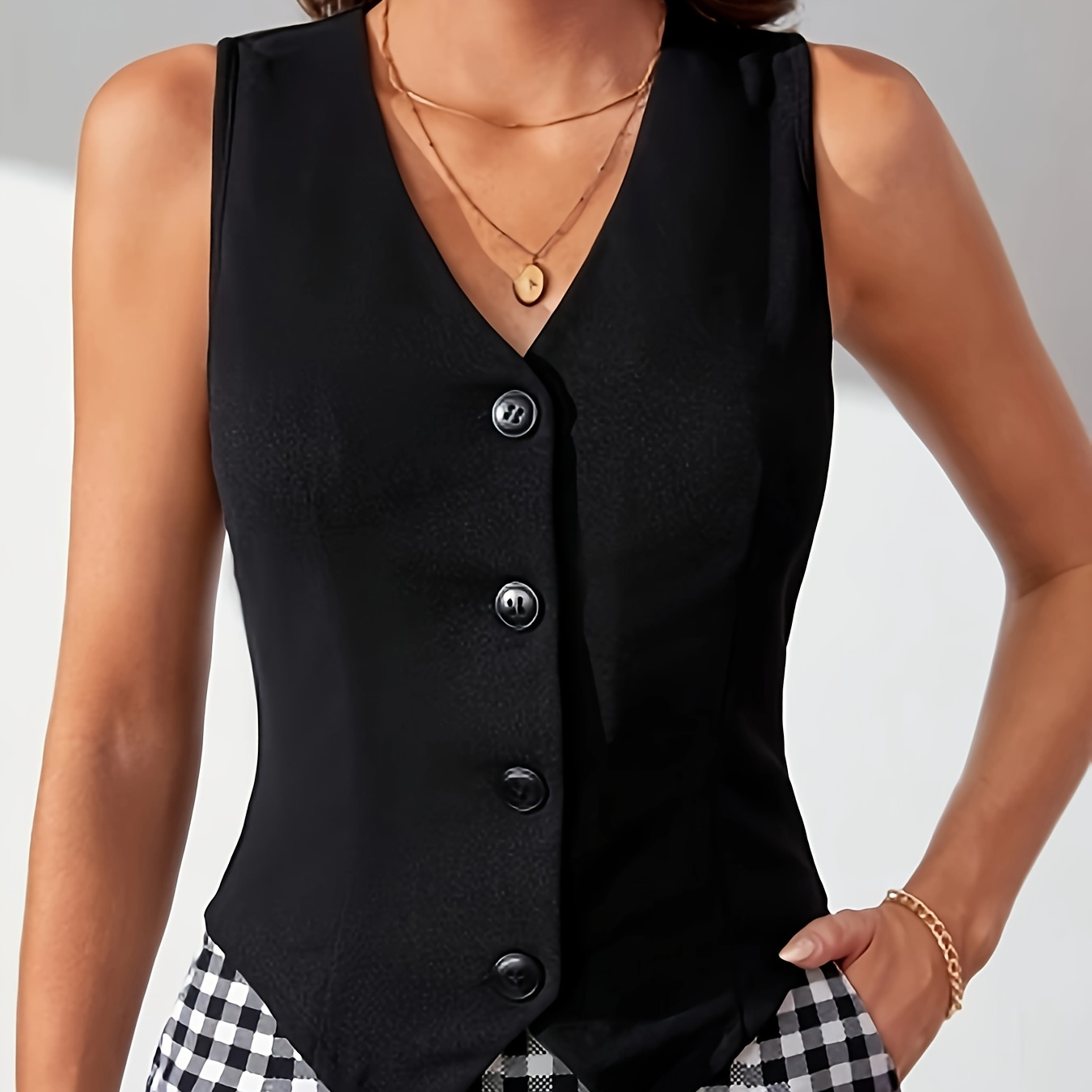 

Button Front V Neck Vest, Elegant Solid Sleeveless Split Hem Vest For Spring & Summer, Women's Clothing