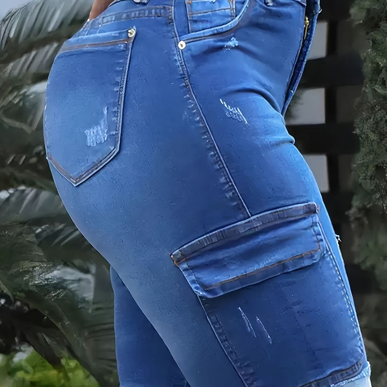 

Women's Plus Size Blue Denim Bermuda Shorts, Casual Fashion Style With Flap Pockets, Cuffed Frayed Hem, High-waist Design Cargo Shorts