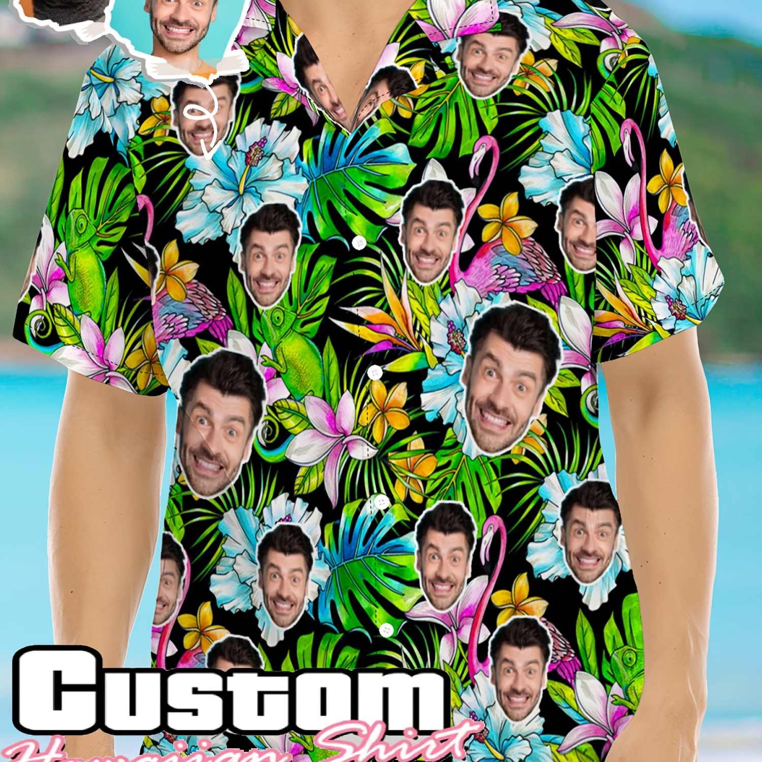 

Custom Personalized Photo Hawaiian Print Men's Summer Fashionable And Simple Short Sleeve Button Casual Lapel Simple Shirt, Trendy And Versatile, Suitable For Dates, Beach Holiday, As Gifts