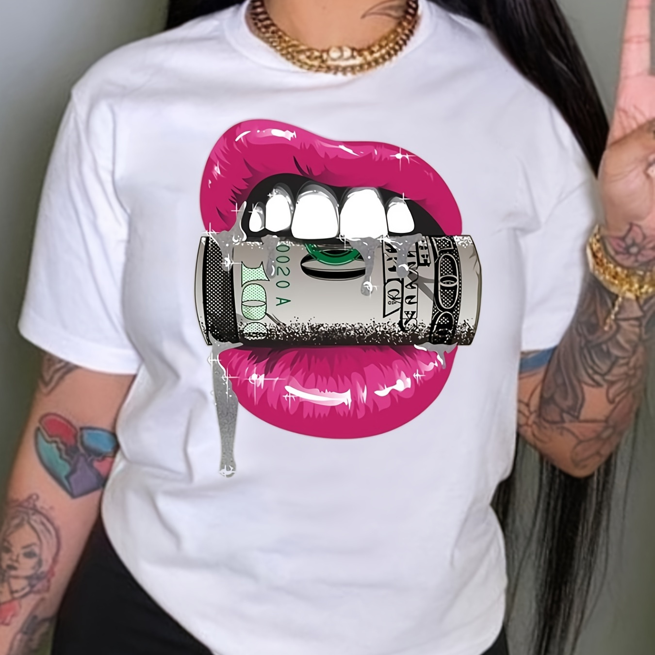 

Money Lips Print T-shirt, Short Sleeve Crew Neck Casual Top For Spring & Summer, Women's Clothing