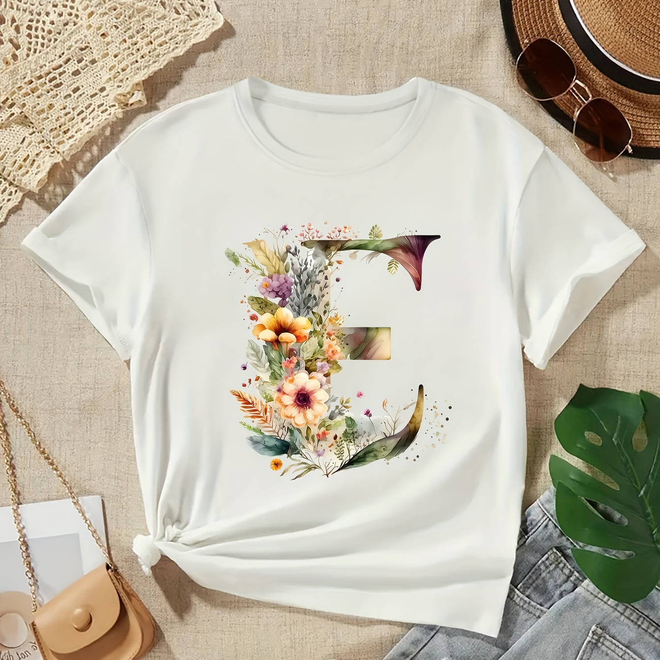 

Letter-e Graphic Print Creative T-shirts, Soft & Elastic Comfy Cotton Crew Neck Short Sleeve Tee, Girls' Daily Wear Top