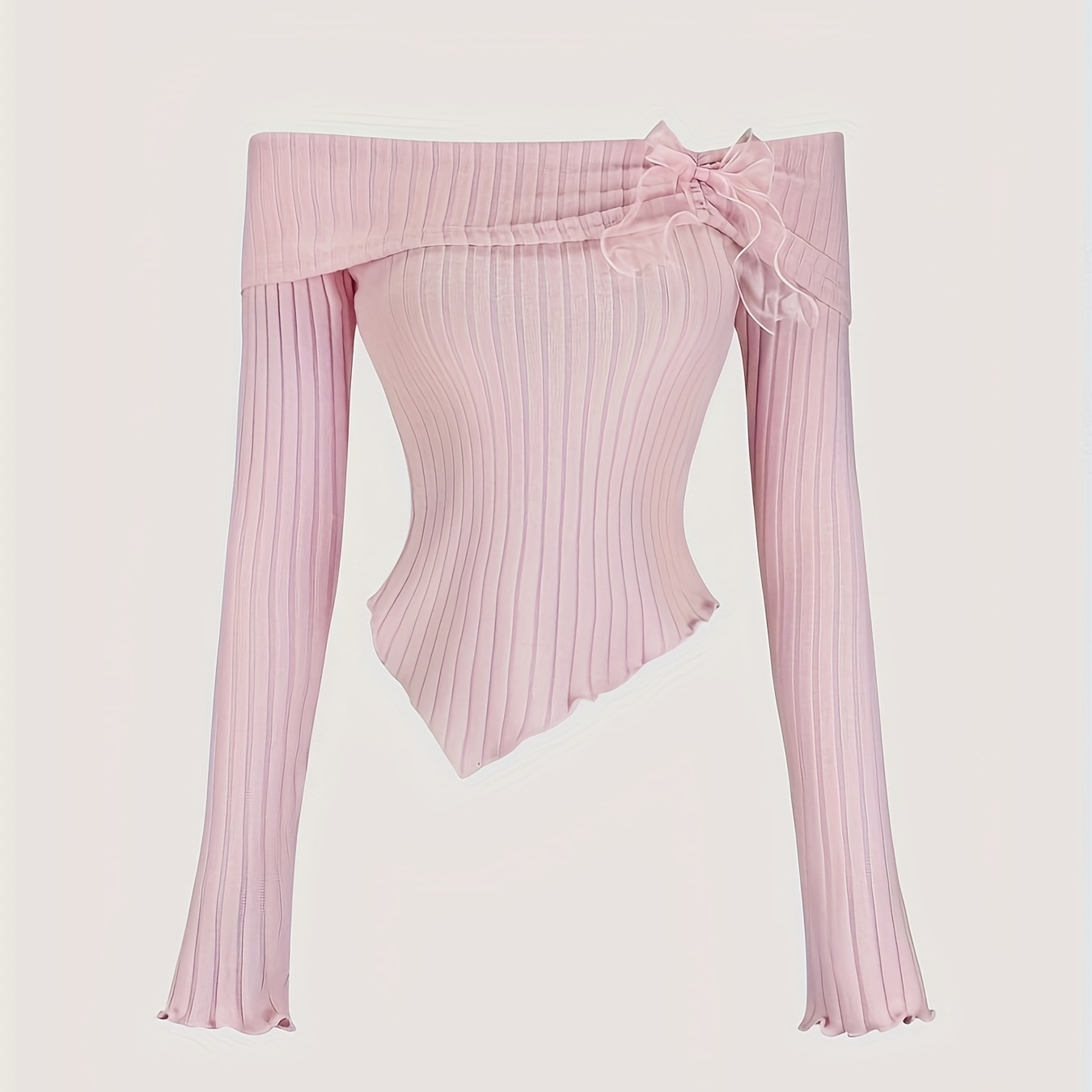 

Women's Off-shoulder Bowknot Long Sleeve Knit Top - Pink Ribbed Blouse With Lettuce Hem, Cute Preppy Style, Machine Washable, Wear, School Style Top | Preppy Fashion | Polyester Spandex Blend