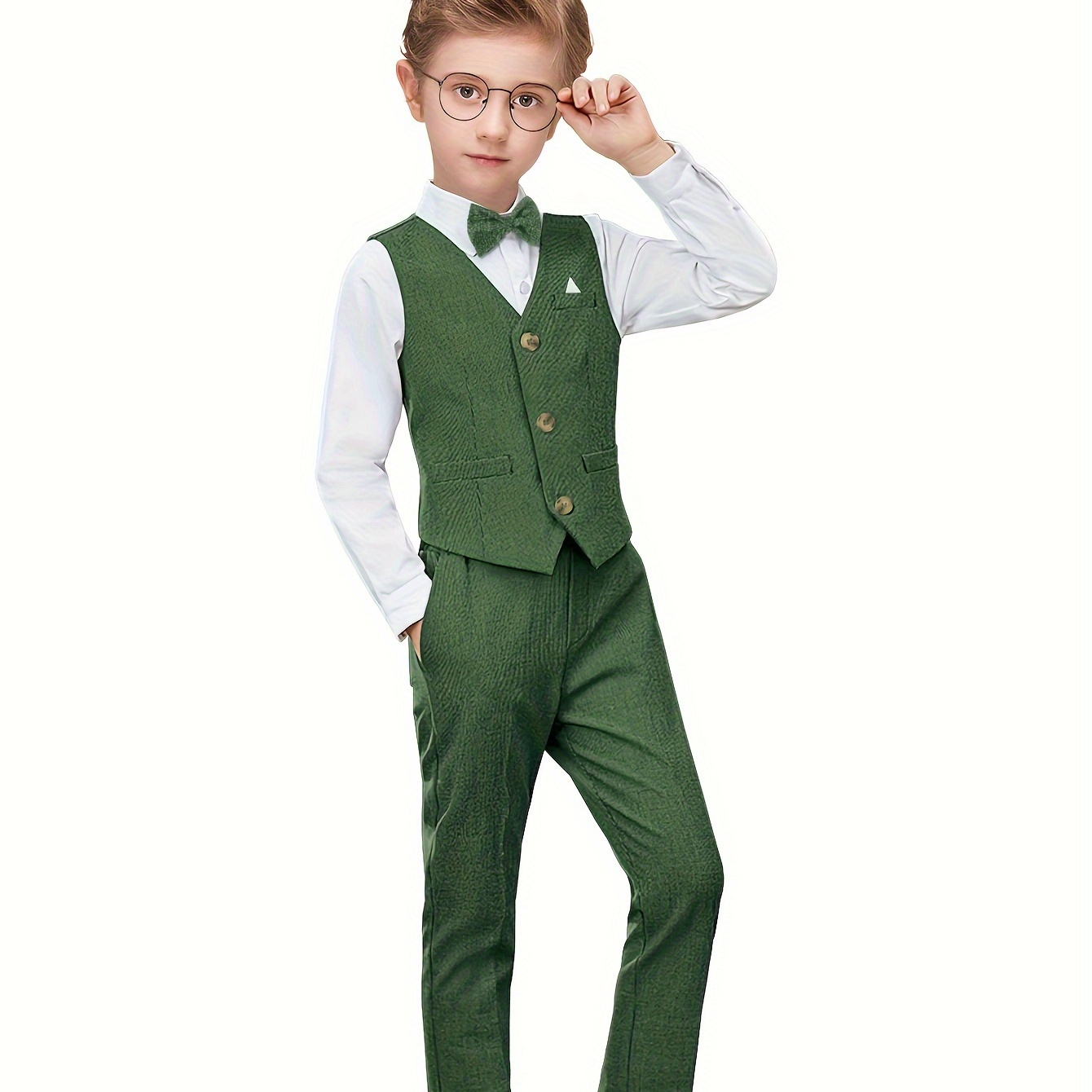 

4pcs Boys Formal Gentleman Outfits, Long Sleeve Solid Color Shirt&pants&vest&, Boys Set For Performance Wedding Banquet Dress