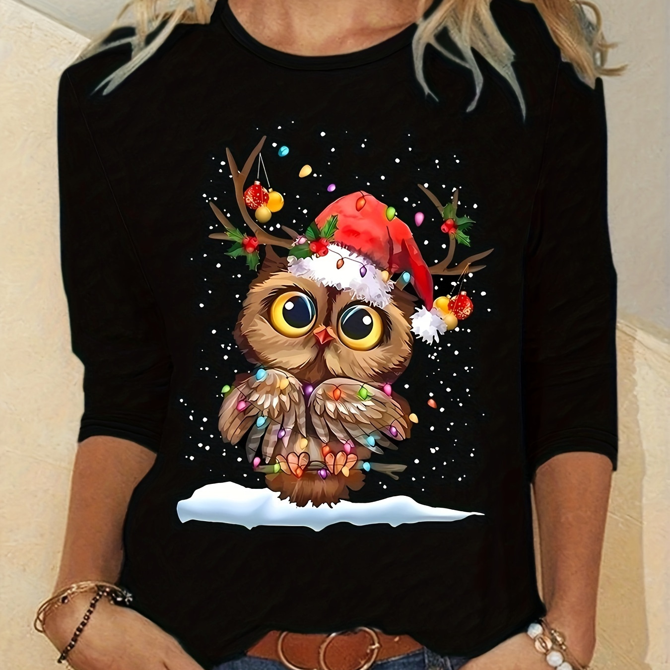 

Festive Owl Print Long Sleeve T-shirt - Casual Crew Neck Knit Top, Polyester Blend (95% Polyester, 5% Elastane), Regular Fit For Spring/summer/fall